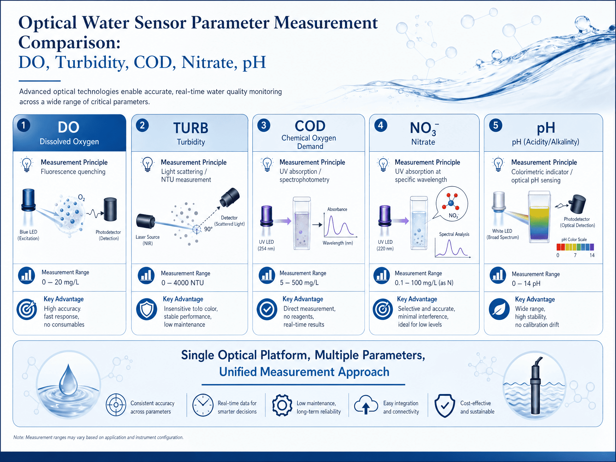 optical water sensor parameter measurement comparison DO turbidity COD nitrate pH