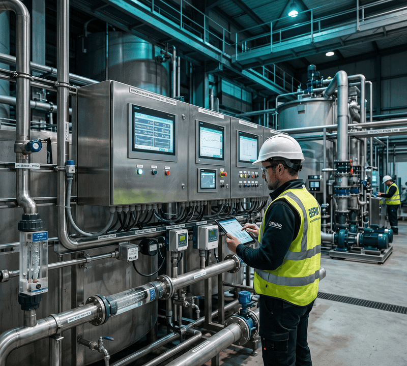 Industrial water quality monitoring sensors installed in power plant cooling water system