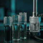 Three water samples in glass vials beside an inline water quality analyzer