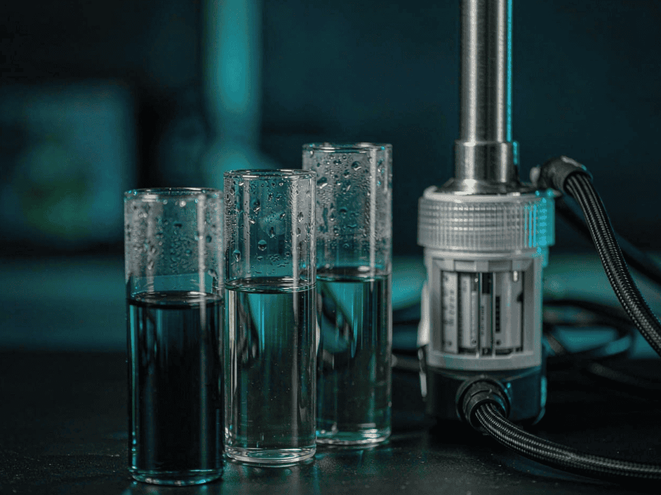 Three water samples in glass vials beside an inline water quality analyzer