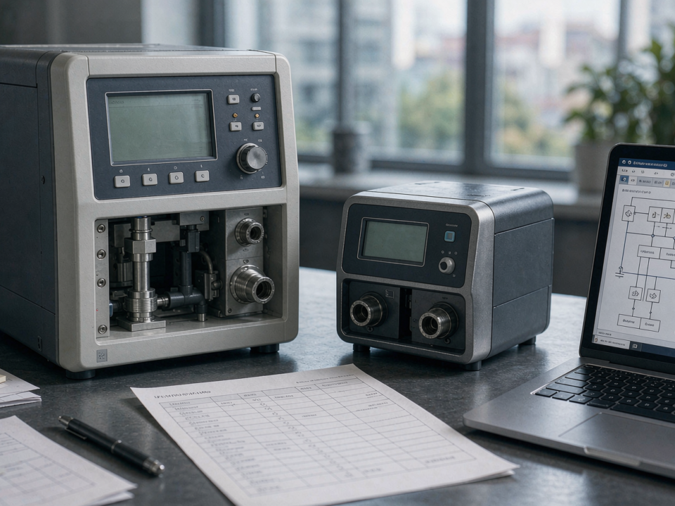 Global brand benchtop analyzer and a compact direct-manufacturer inline sensor transmitter side by side on an engineering desk