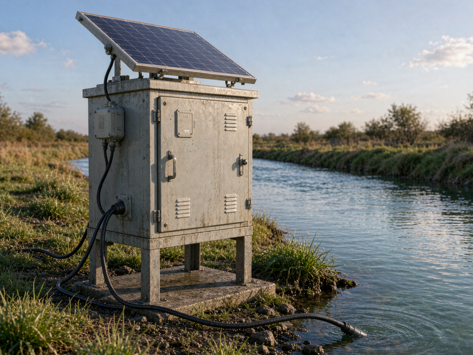 Outdoor water quality monitoring station with a steel cabinet, solar panel and sensor cable beside a river