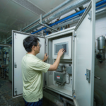 Engineer reviewing water quality readings on an industrial control cabinet in a plant room