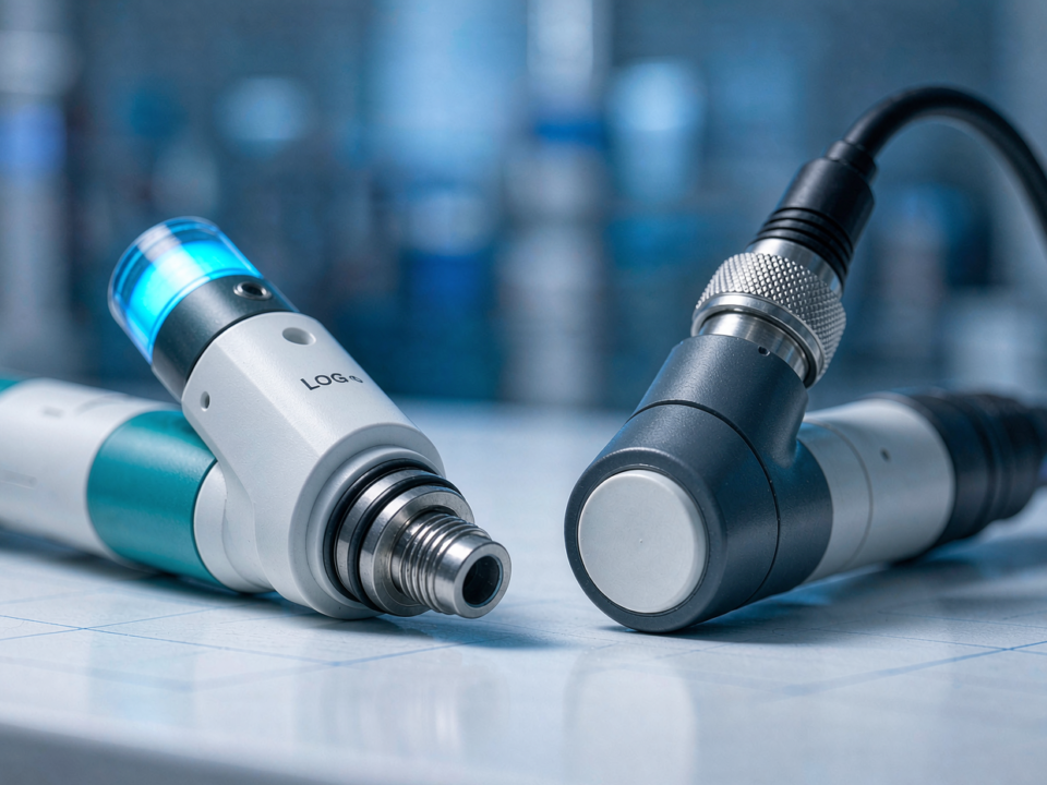 Optical water quality sensor probe and membrane electrochemical probe side by side on a workbench